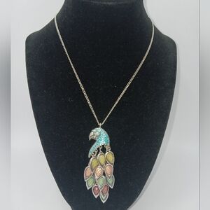 Silver Parrot Blue Crystal  & Multi Colored Articulated Feathers Necklace